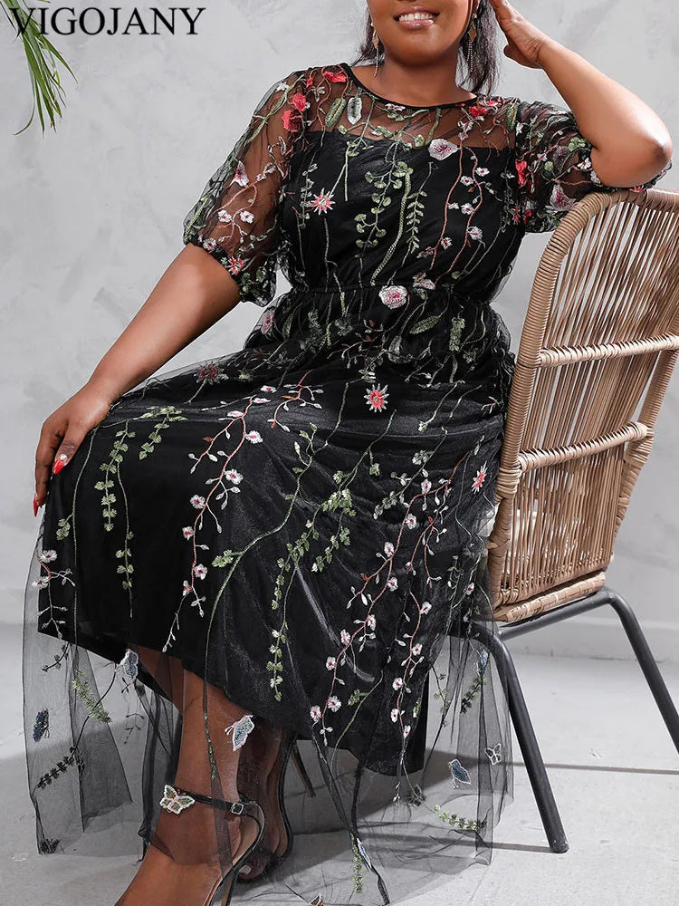 Vigojany 2025 Summer Mesh Patchwork Plus Size Dress Women O Neck Short Sleeve Large Big Dress Casual Lady Chubby Curvy Dresses