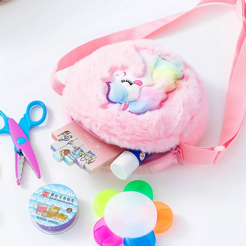 Animal Embroidery Handbags Tie Dye Unicorn Plush Crossbody Bags Winter Furry Shoulder Purse Kids Cartoon Study Tools Wallets