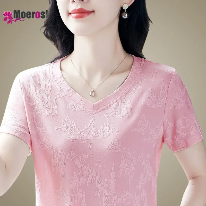 Summer Women's V-neck Slimming Short-sleeved T-shirts Fashion Luxury Clothing Tops Suit Clothes Dames Slimming and breathable