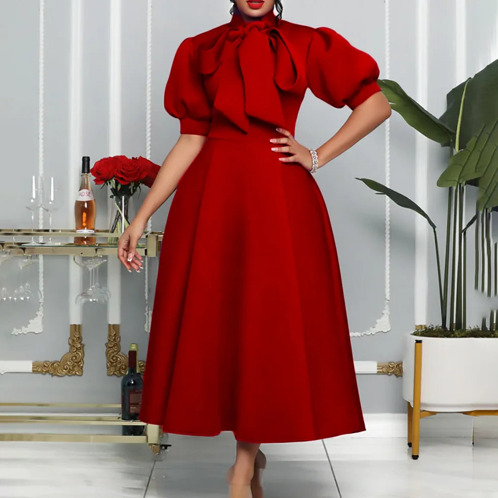 FairyShely 2025 Puff Short Sleeve Plus Size Dress Women Solid Bow Large Big Dresses Summer Lady O-Neck Party Tight Curvy Dress