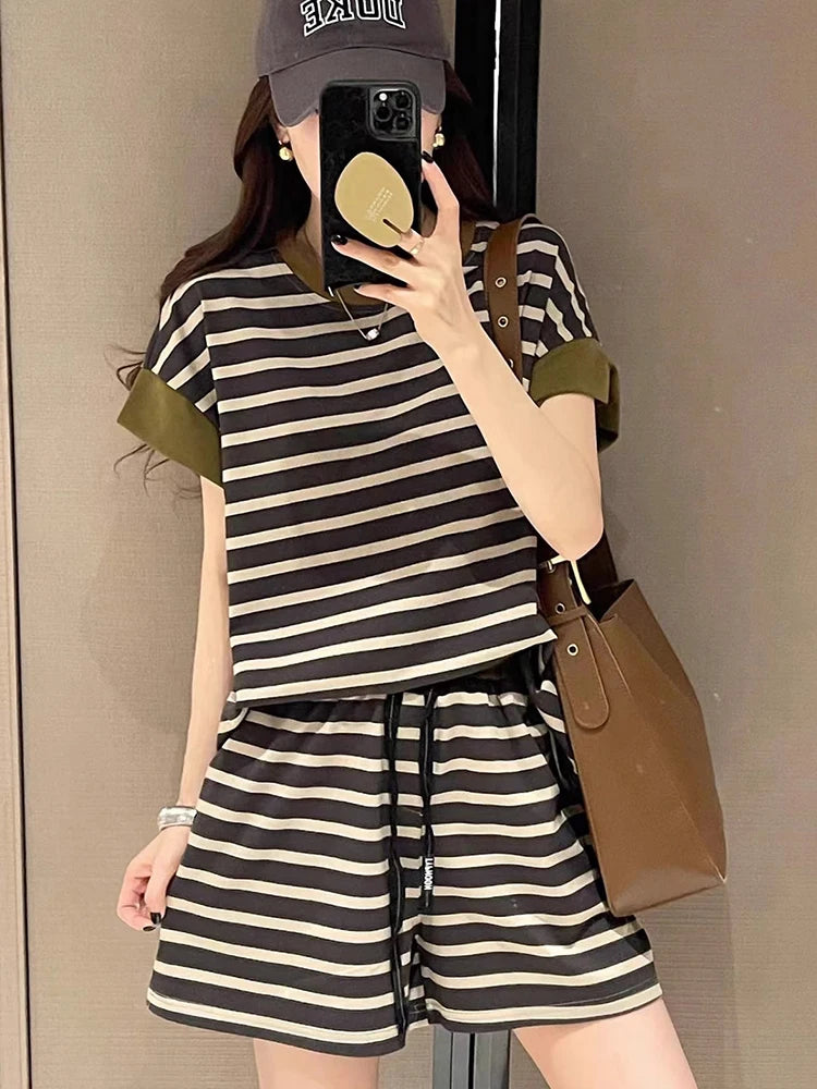 Fashion Striped Short Sleeved T Shirts Shorts 2 Piece Sets Women Outfit Summer 2024 New Casual Sports Loose Tops Pants Tracksuit
