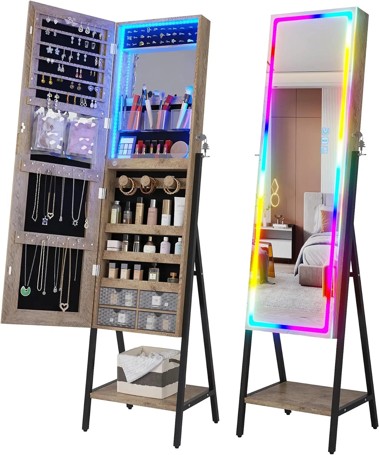 RGB LED Full Length Mirror with Storage for Jewelry, Lockable. home improvement decoration