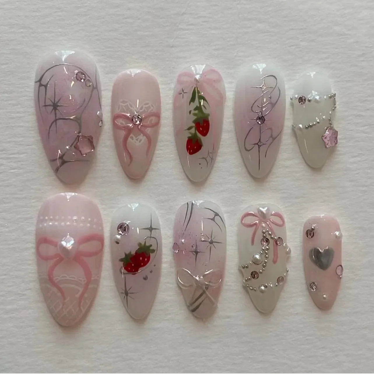 24pcs Summer Fake Nails Press on Almond Wearable 3D Butterfly Flower Short Almond False Nails Smudging Bubble Bead False Nails