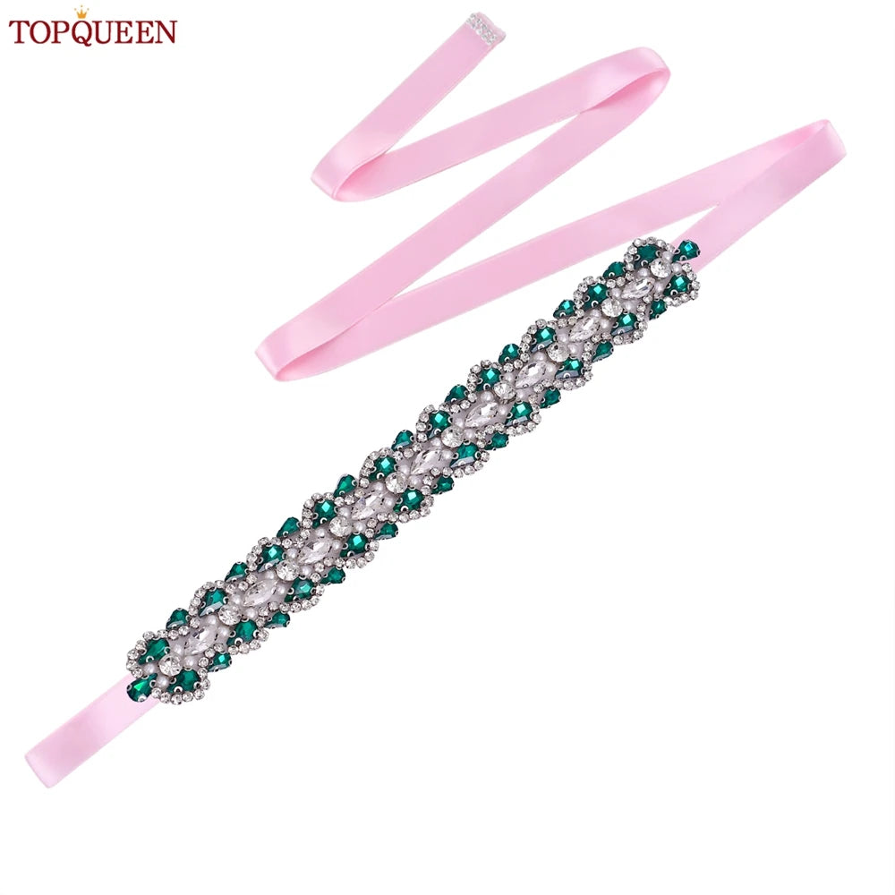 TOPQUEEN Luxury New Bridal Belt Wedding Supplies Dinner Dress Waist Decoration Green Bridesmaid Sash Accessories S466-D