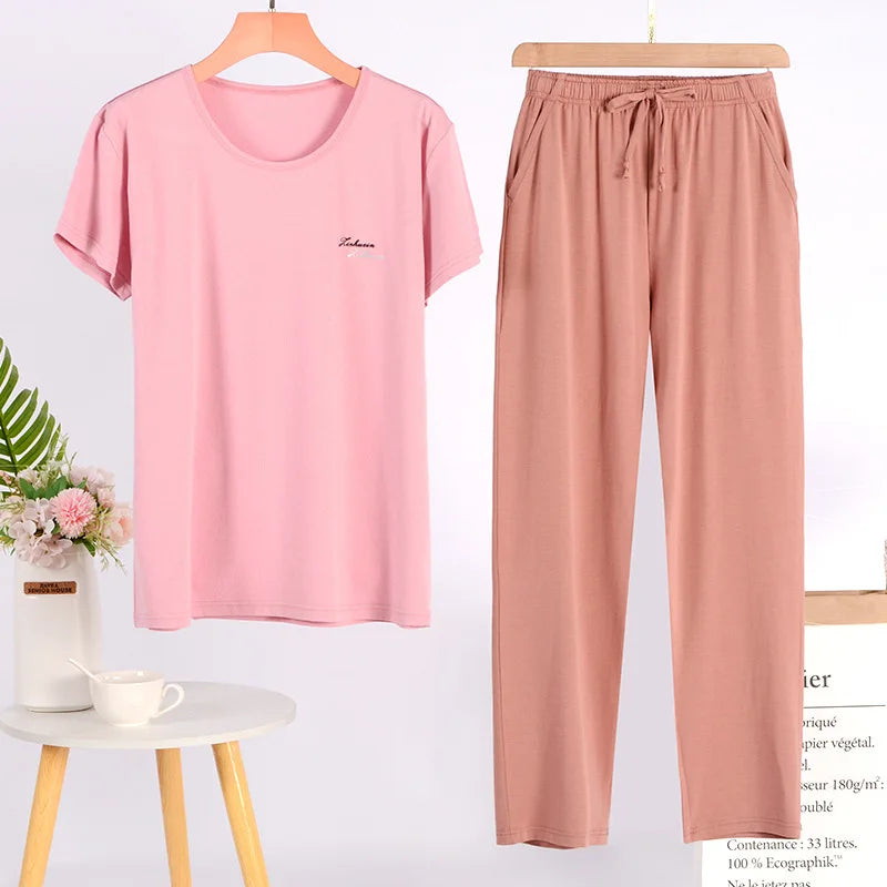 Pajama Women's Short Sleeve Long Pant Suit 2025 New Spring Summer Home Clothes Modal Large Size Pyjamas Femmes Sleepwear Set