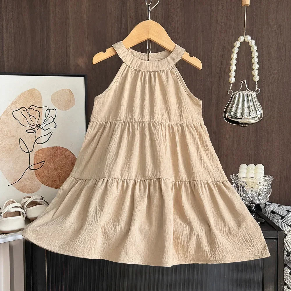 Summer Sleeveless Hanging Neck Girls Dress Khaki Casual Dresses
