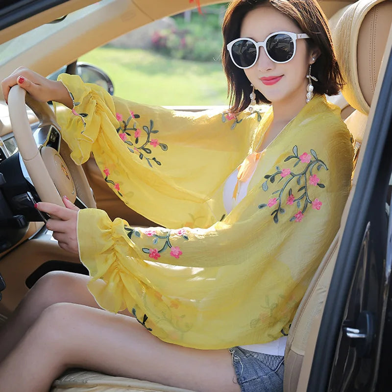 2024 Summer New Women Long Casual Embroidered Floral Sun Protection Sleeves Beach Shawl Shirt Chiffon Driving Scarf Arm Warmers