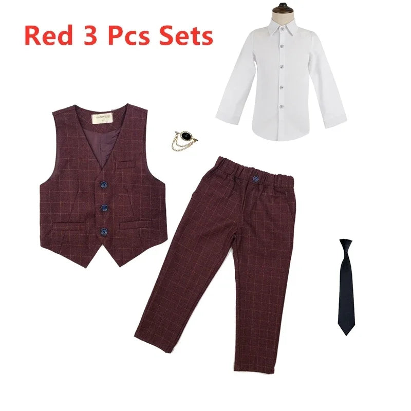 Boy Plaid Vest Blazer Kids Waistcoat Wedding Clothes Set Toddler Formal Dress Suit Child Brooch Shirt Pant Baby Gentlemen Outfit