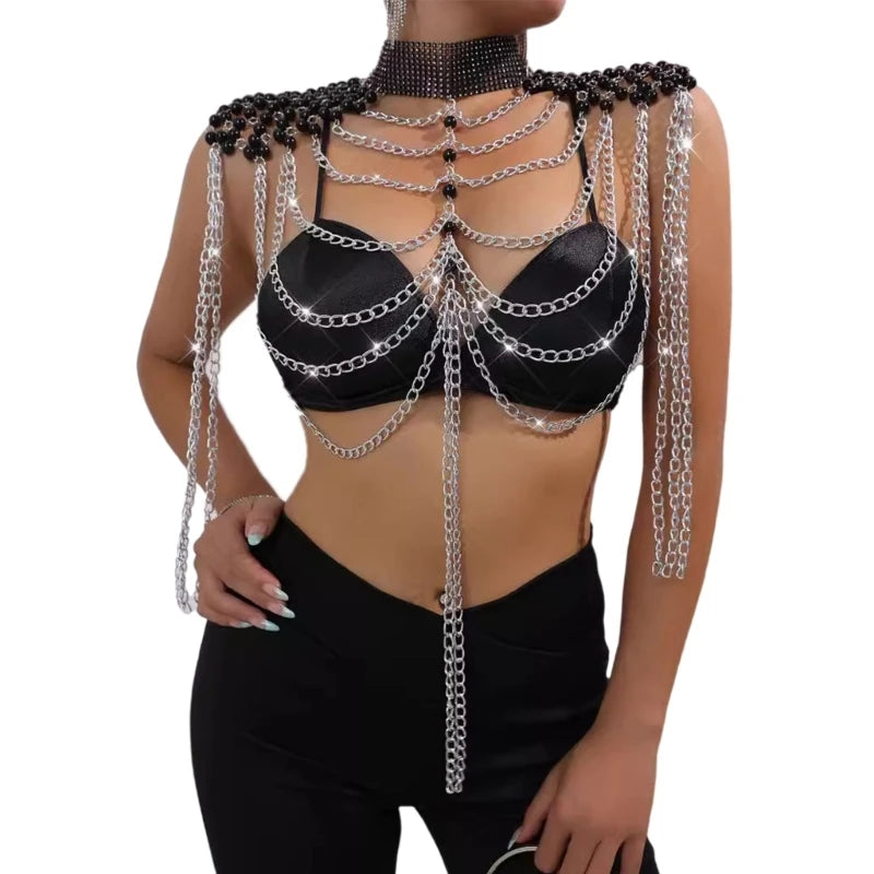 Women Pearls Beaded Shoulder Chain Necklace Layered Metal Chain Tassels Body Jewelry Shawl Camisole Top Body Accessory