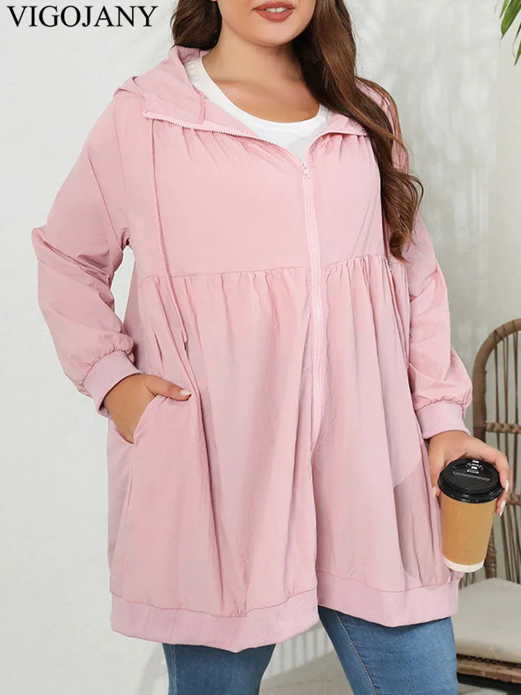 VigoJany 2025 Spring Autumn Solid Plus Size Coat Women Casual Large Long Sleeve Jacket Outwear Lady Chubby Zipper Curvy Clothes