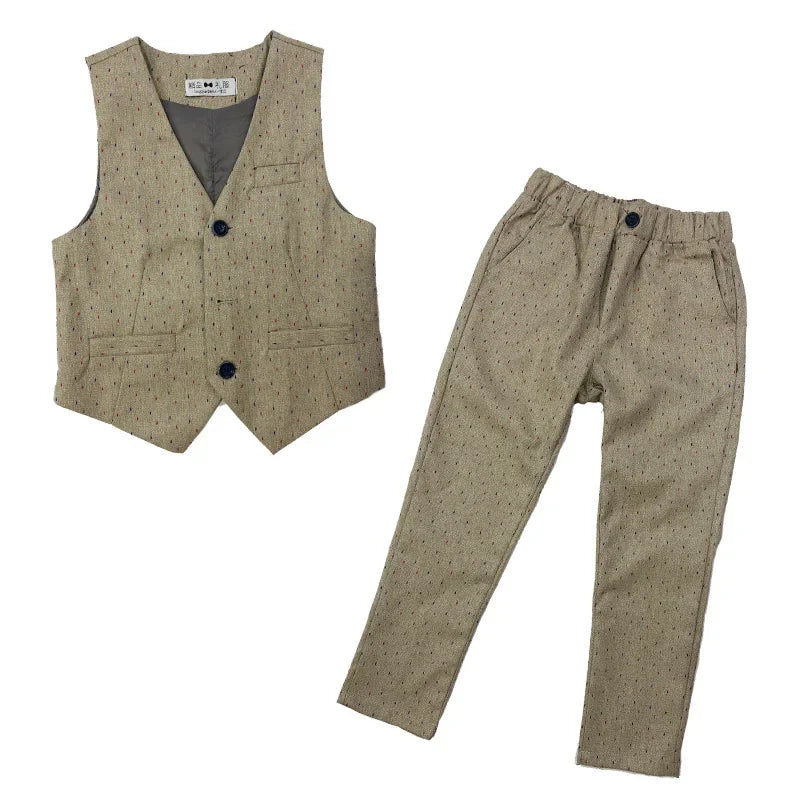 Boy Plaid Vest Blazer Kids Waistcoat Wedding Clothes Set Toddler Formal Dress Suit Child Brooch Shirt Pant Baby Gentlemen Outfit