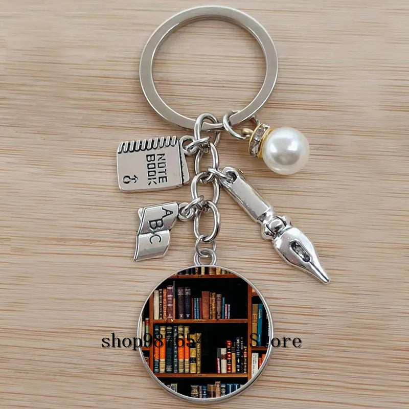 Classic Library Books Keychain Vintage Old Books Key Chain Librarians Key Ring Gift for Nerd Bookworm Writer Teacher
