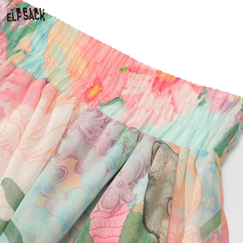 ELFSACK 2024 Summer New Lazy style printed pink holiday style themed shorts two piece suit for women