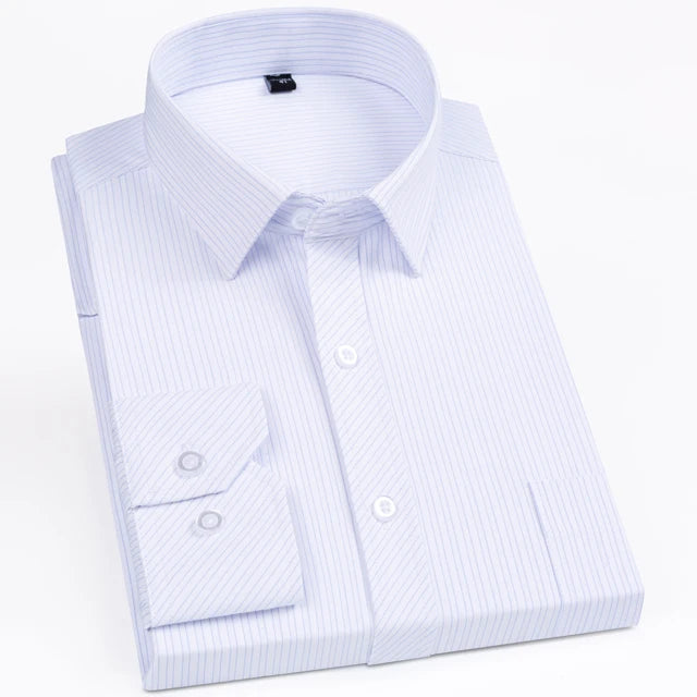 Men's Classic Standard-fit Plaid/striped Social Office Dress Shirt Single Patch Pocket Long Sleeve Formal Business Basic Shirts