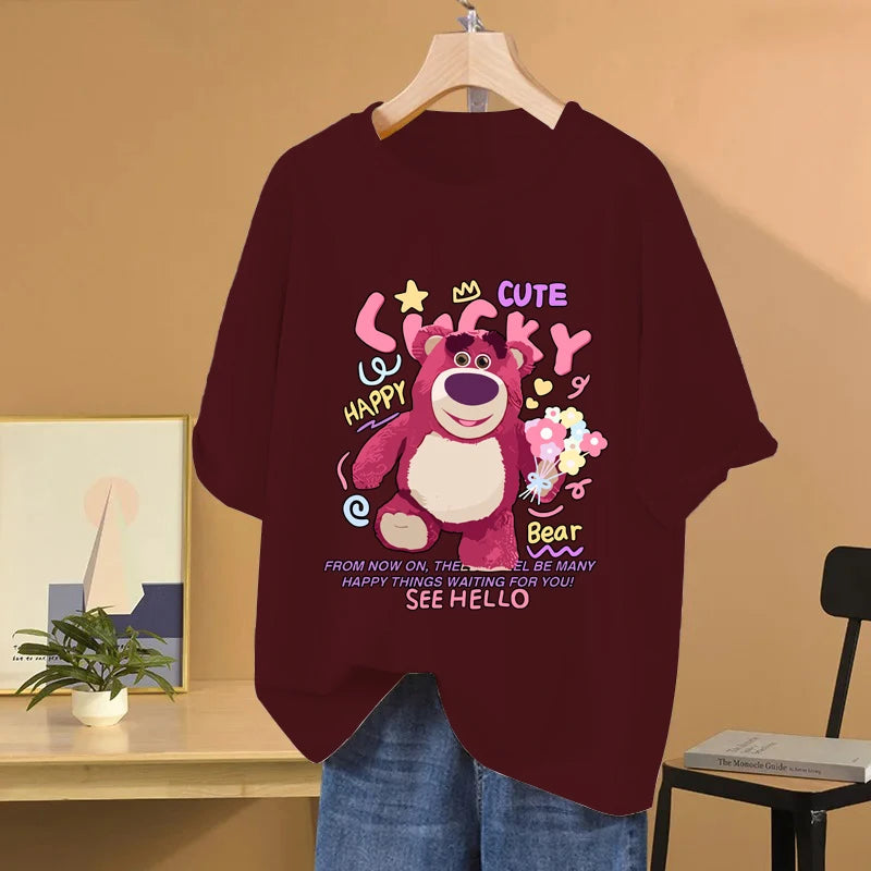 Lotso Bear Cartoon Anime Women T-shirt Summer Short Sleeve Men Tee Shirts 100% Cotton 2025 New Fashion Couple Clothes Tops