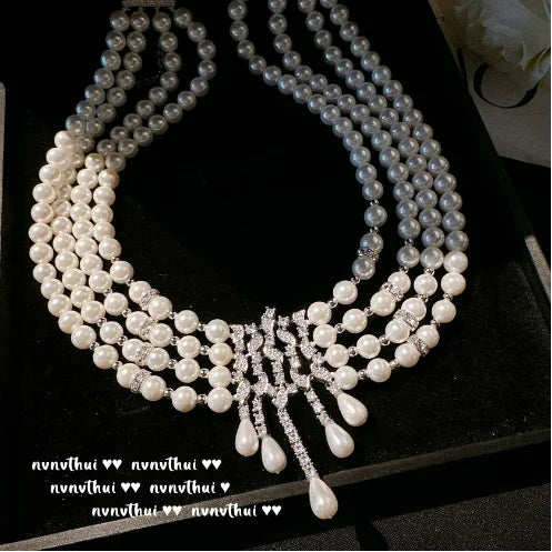2023 Women Morning Dew Water Drops Honeycomb Gem Multilayer Pearl Necklace Tahiti Seawater Mabei Pearl Zircon Earrings