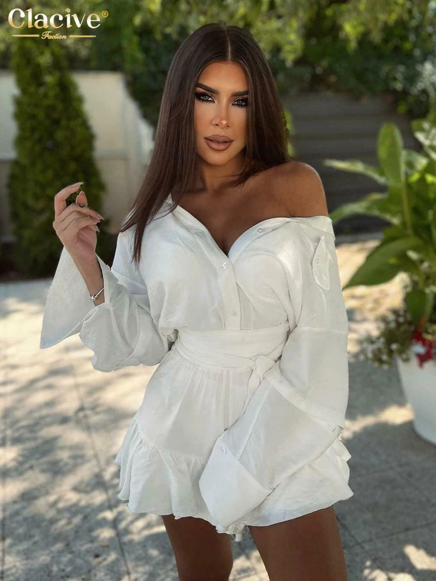 Clacive Casual Loose White 2 Piece Sets Women Outfit 2024 Fashion Long Sleeve Shirt With High Waist Pleated Mini Skirts Set
