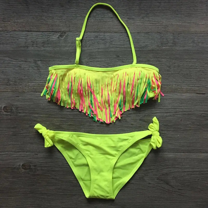 Solid Tassel Girls Bikinis 2023 Kids Swimwear Swimsuit Summer Beach Children Bandage Biquinis 5-12 Years Teens Baby Bathing Suit