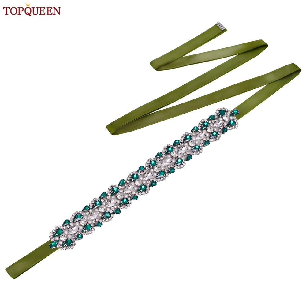 TOPQUEEN Luxury New Bridal Belt Wedding Supplies Dinner Dress Waist Decoration Green Bridesmaid Sash Accessories S466-D