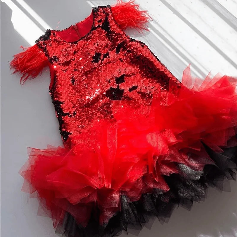 Baby Mädchen Prinzessin Feder Pailletten Kleid Säugling Kleinkind Kind Teenager Regenbogen Vestido Party Pageant Geburtstag Baby Kleidung 1-14Y