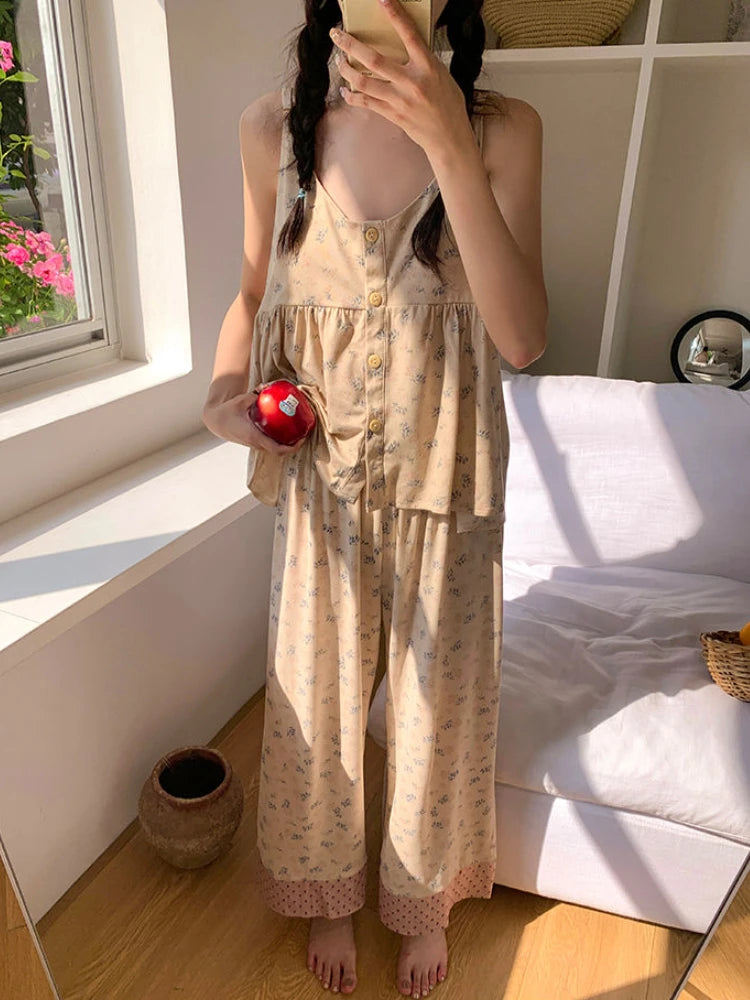 Summer Floral Pajama Sets Women Home Prairie Chic Sleeveless Girlish Sleepwear Thin Casual Students Dormitory Lounge Clothing