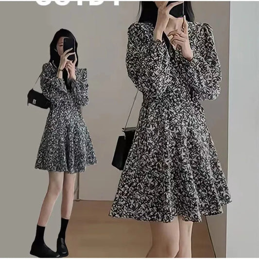 2024 Summer Autumn Clothes Large Size Women's Clothing Fashion Short Dresses Petite V-neck Floral Long Sleeve Black Dresses Traf