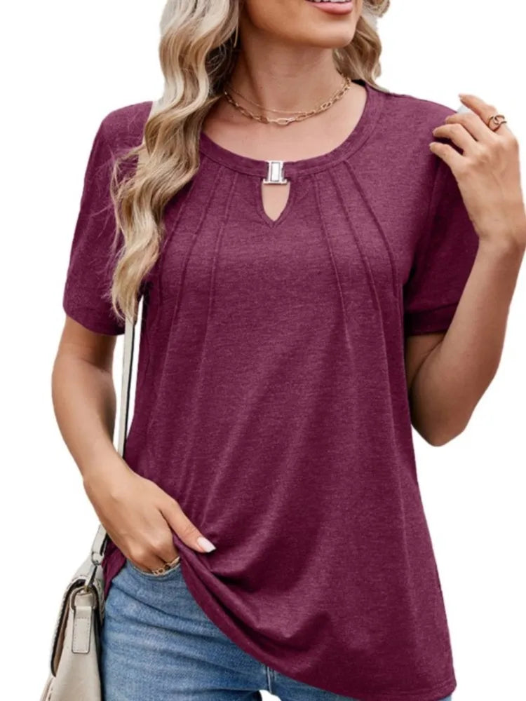 Women's Elegant Hollow Out O-Neck Tops Solid Casual Work Shirt Short Sleeve T Shirt Fashion Women Clothes 2025 Summer New