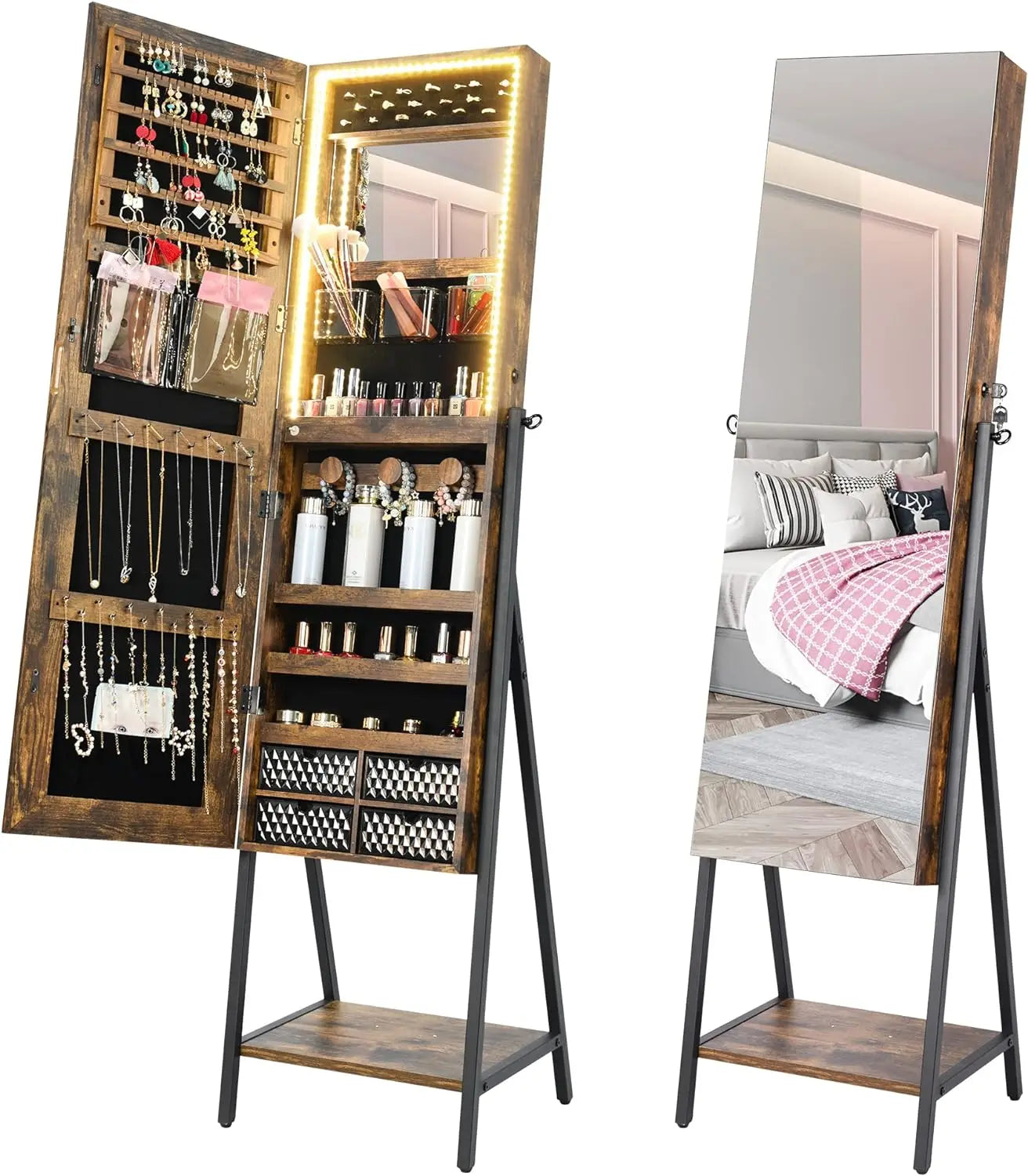 RGB LED Full Length Mirror with Storage for Jewelry, Lockable. home improvement decoration