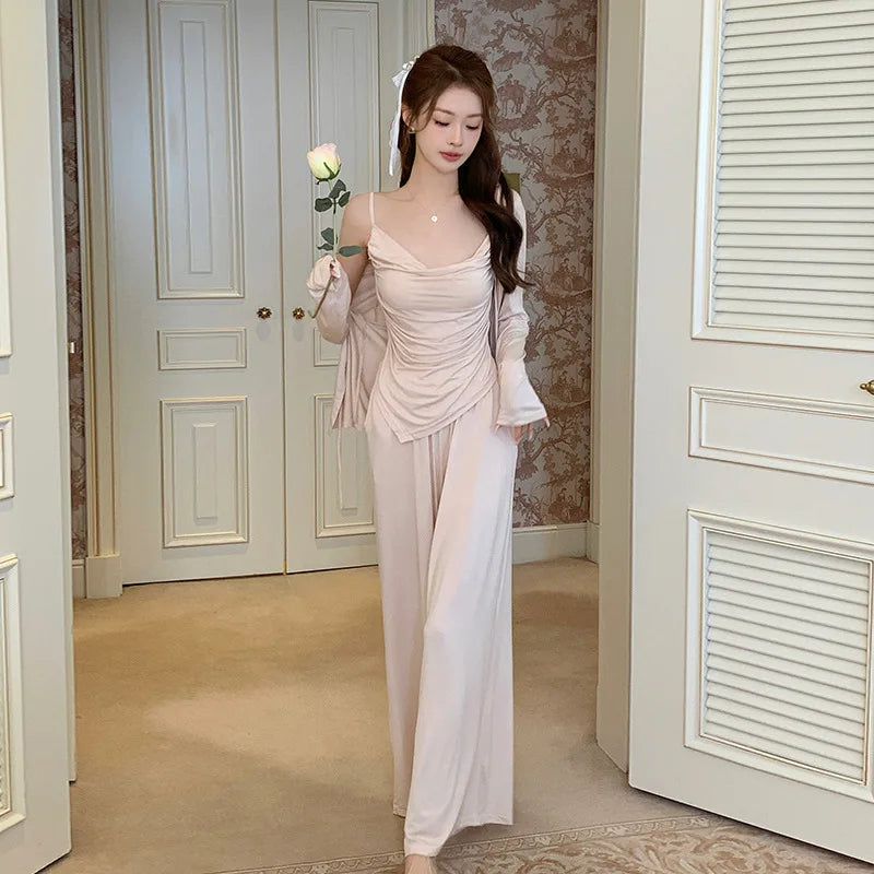 French Pajamas Women's 2024 Spring Autumn Sling Vest Sleepwear with Chest Pad Three-piece Set Loungewear Nightdress