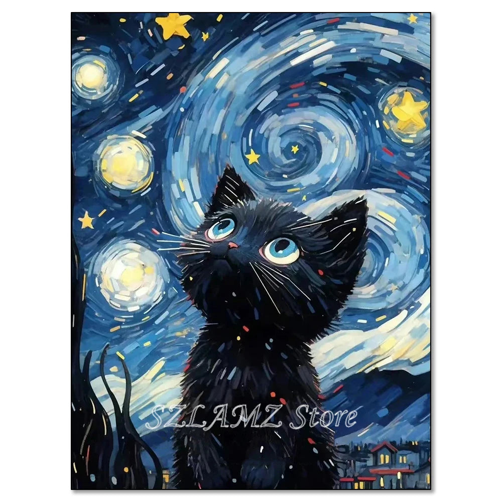 5D DIY Diamond Painting Kit Starry Sky Cat Diamond Embroidery Cross Stitch Cartoon Astral Cat Home Decoration Art Painting