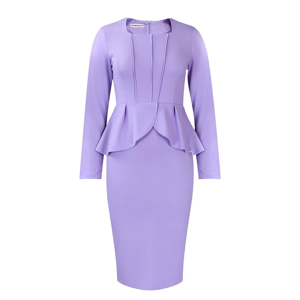 2025 SolidPeplum Ruffles Long Plus Size Dress Women Long Sleeve Large Big Dresses Spring Slim Fit Party Tight Curvy Dress