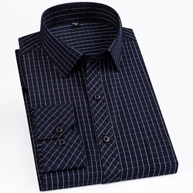 Men's Classic Standard-fit Plaid/striped Social Office Dress Shirt Single Patch Pocket Long Sleeve Formal Business Basic Shirts