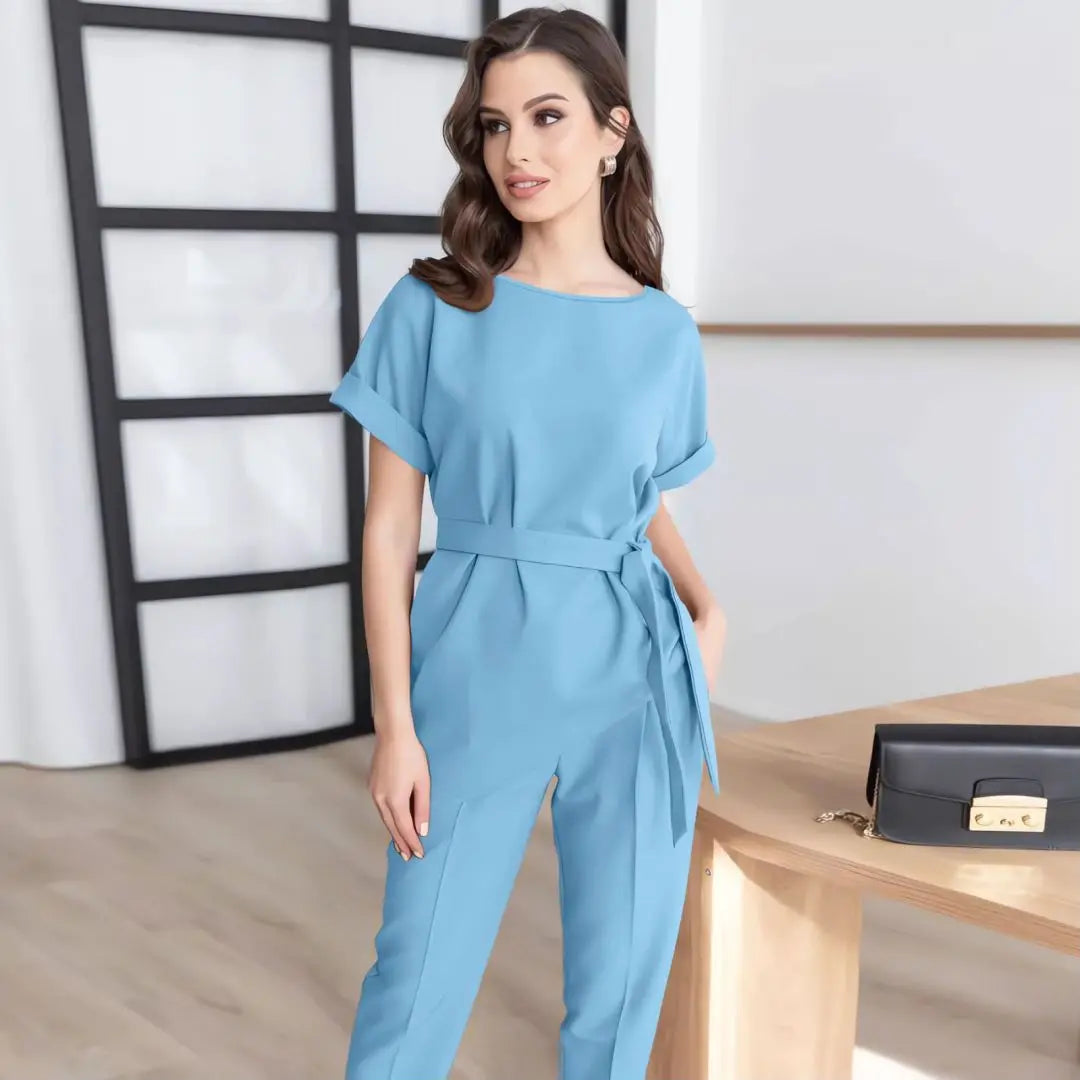 Women's Summer New Fashion Casual Round Neck Beveled Edge Suit Belt Top Set of Petite Pants Elegant Style Office Lady Suit Sets clothes