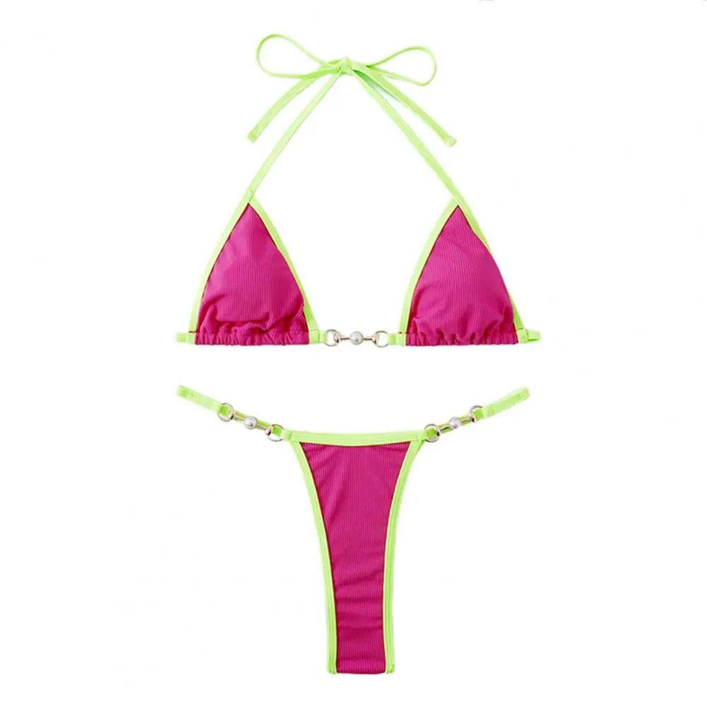 Women Bikini Set Contrast Color Halter Neck Three-point Pearl Deep V Neck Swimming Suit Bathers Women Micro Thong Bikinis