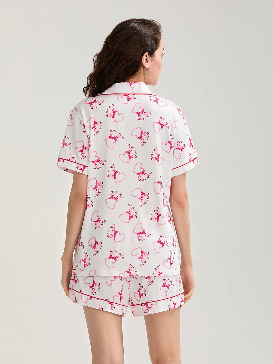Women s Valentine s Day Lounge Set Short Sleeve Floral Heart Print Shirt Shorts Sleepwear Sets