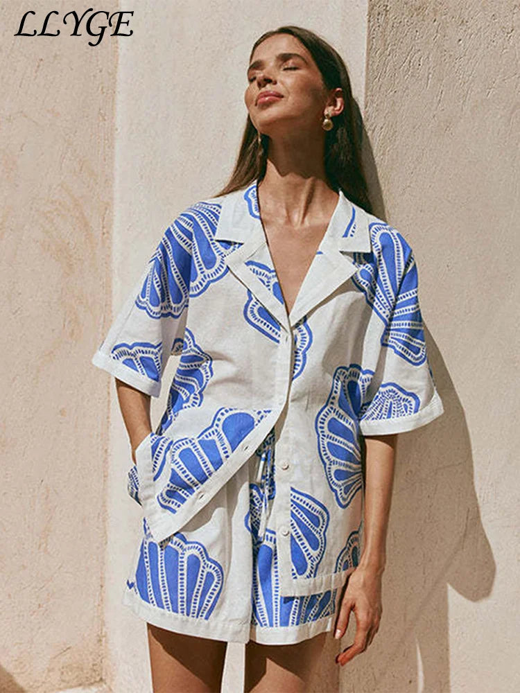 Casual Printed Lace Up Women Shorts Suits Turn-down Collar Single Breasted Shirt Mini Shorts 2025 Summer New Fashion Lady Sets