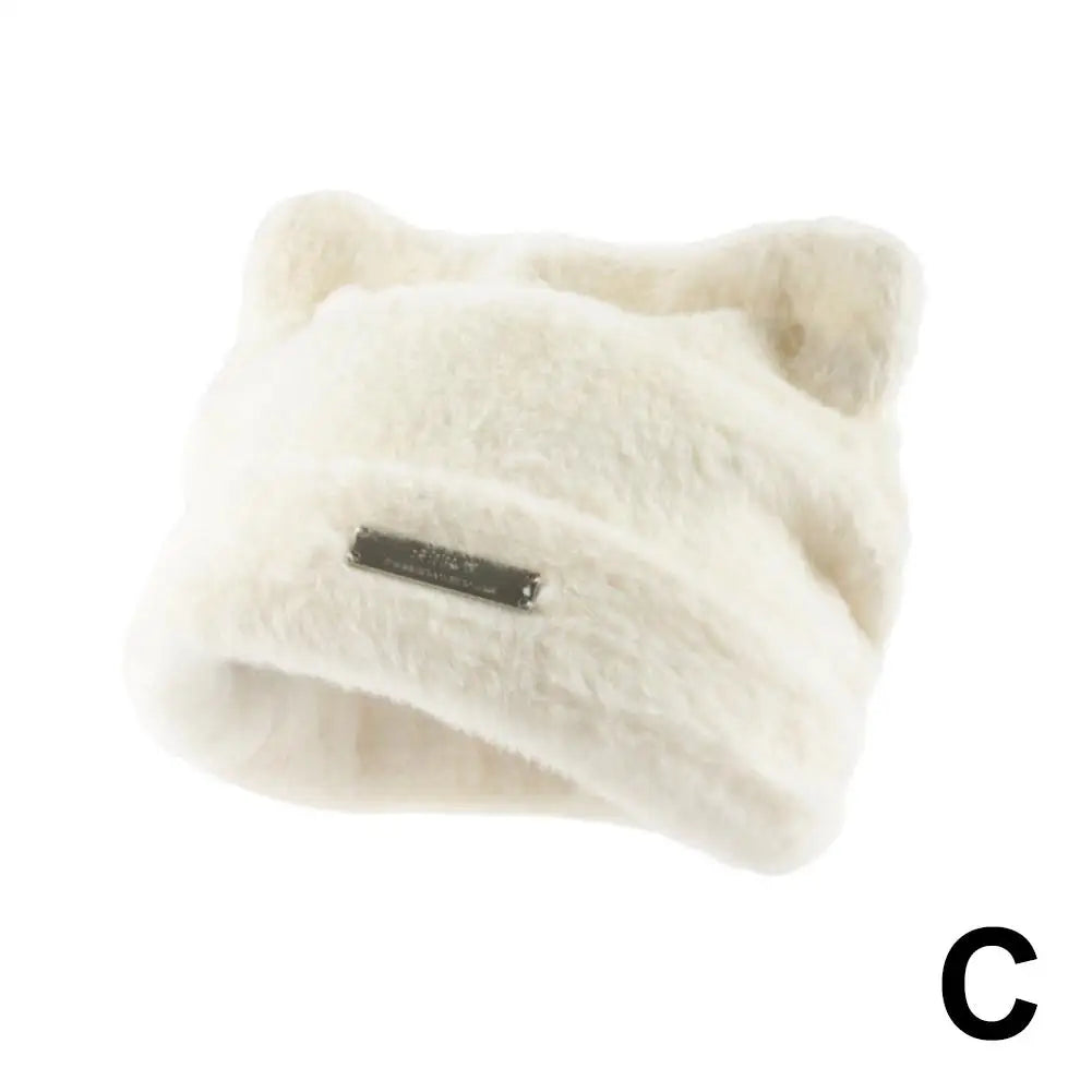 Iron Label Decorative Beanie Hat With Ears Cute Warm Faux Beanie Hat Plush Women Winter Fur Beanie Elastic Knitted Outdoor Z4k0