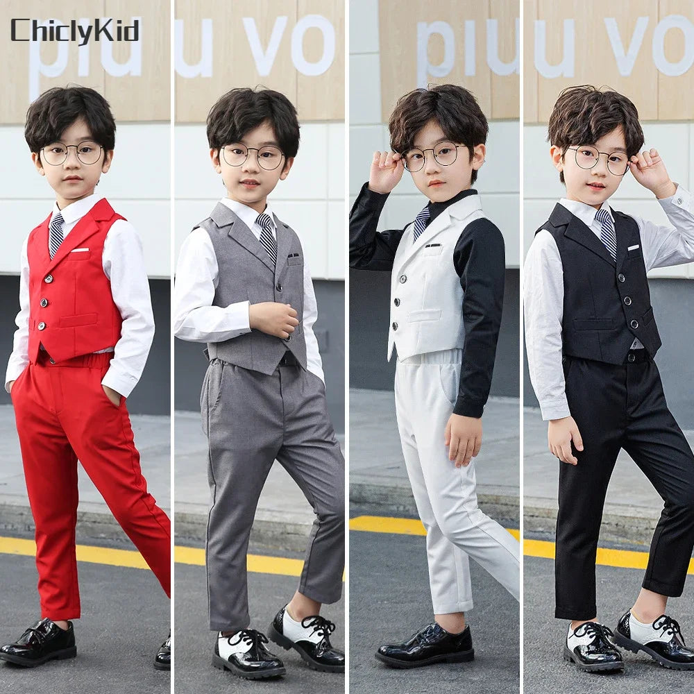 Boy Plaid Vest Blazer Kids Waistcoat Wedding Clothes Set Toddler Formal Dress Suit Child Brooch Shirt Pant Baby Gentlemen Outfit