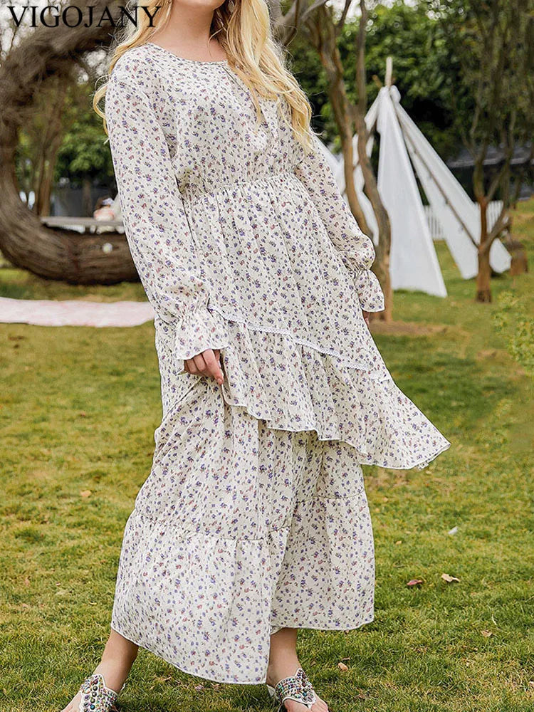 Vigojany 2025 Spring Autumn Ruffle Plus Size Dress Print Lantern Long Sleeve Loose Large Big Dress Lady Chubby Curvy Dresses