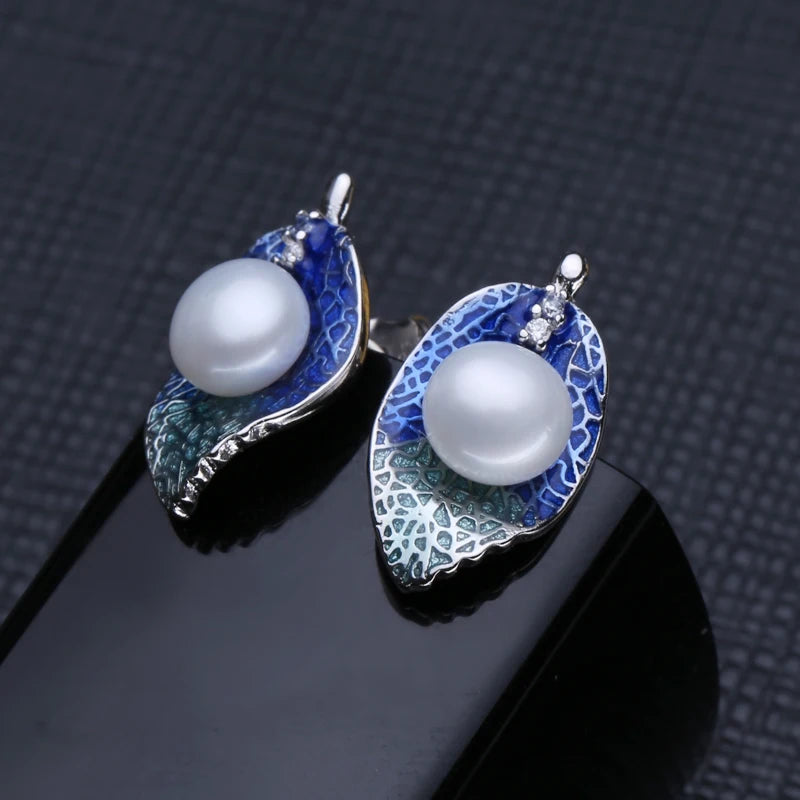 FENASY 925 Sterling Silver Jewelry sets Pearl Stud Earrings Natural Pearl Leaf Necklaces For Women