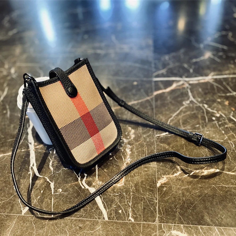 Small Women's Bag Luxury Stripes Check Canvas Leather Mobile Phone Crossbody Bag Retro Mini Female Sling Purse And Handbag