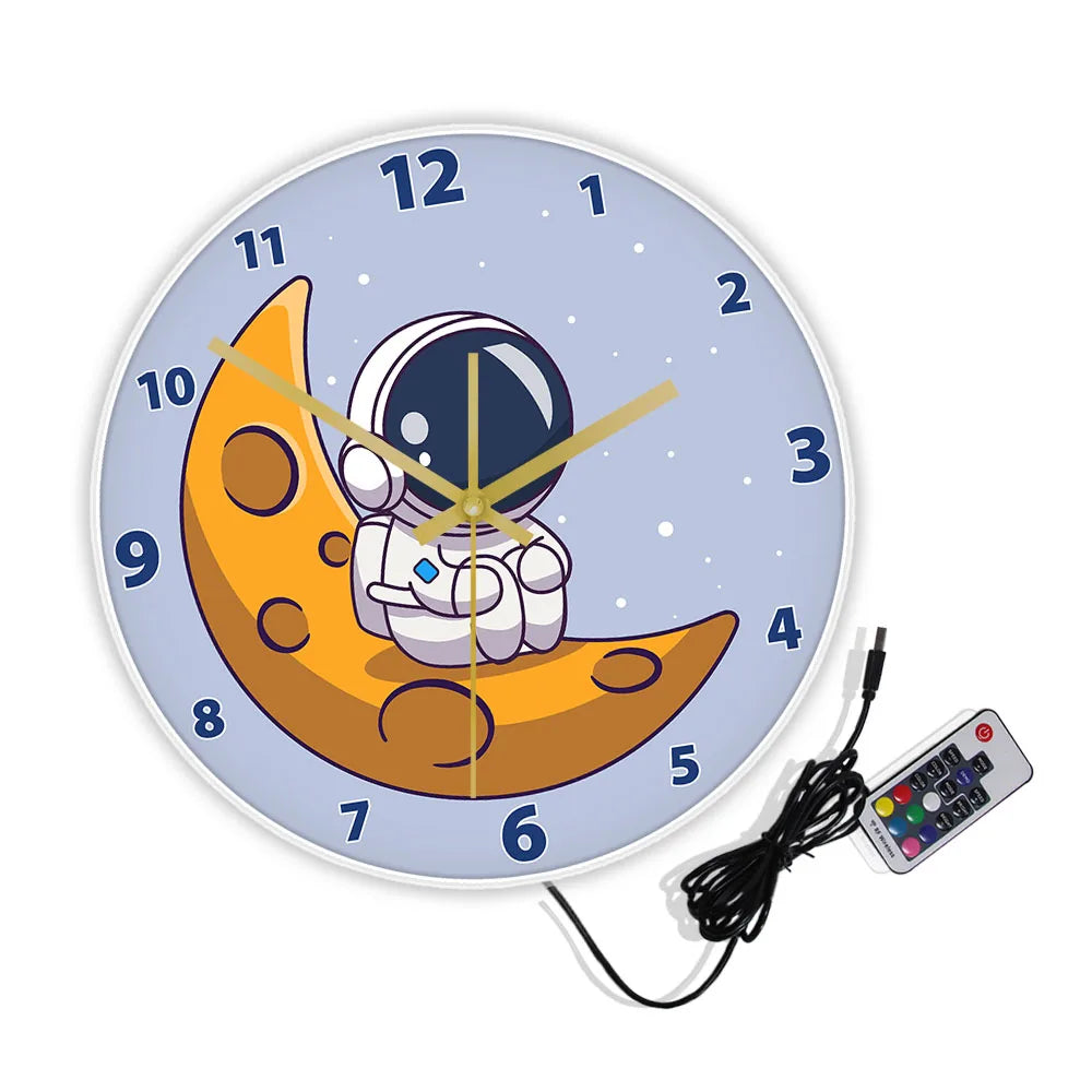 Cartoon Astronaut LED Lighting Wall Clock for Kids Room Nursery Universe Home Decor Outer Space Art Cosmonaut Neon Light Clock