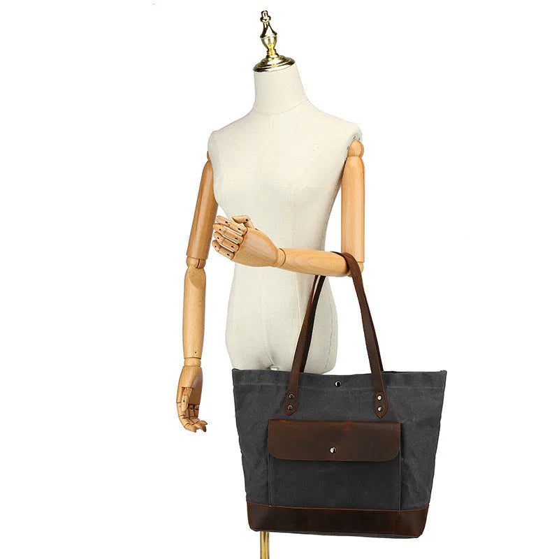 Casual Oil Wax Canvas With Genuine Leather Women's Handbag Waterproof Tote Bag Shoulder Messenger Shopping Bag Storage Bags