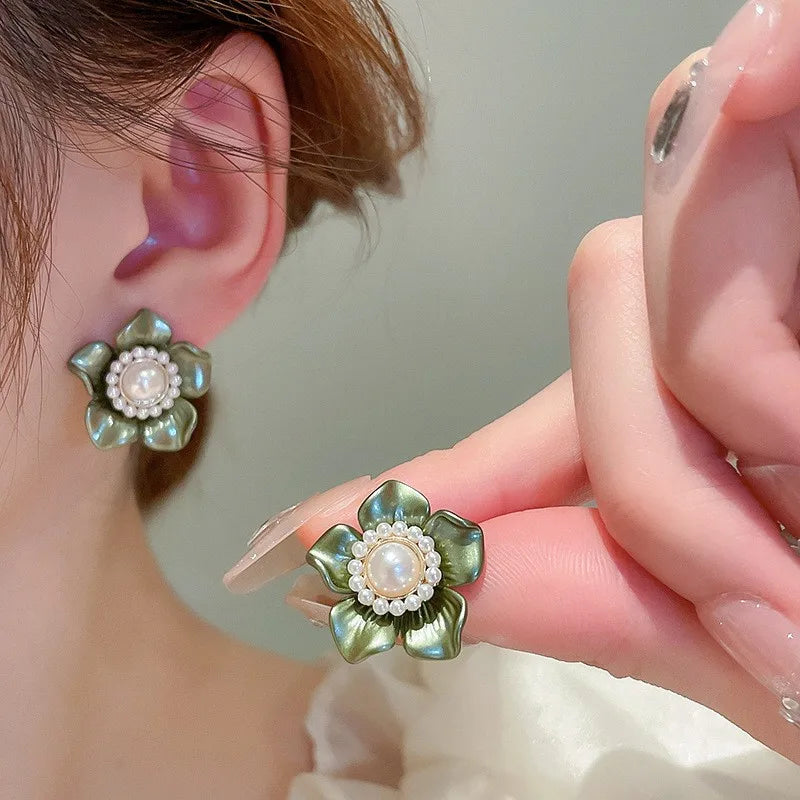 925 Silver Needle Korean Vintage Oil Painting Pearl Flower Earrings For Women Jewelry 2024 Trending New Luxury Women's Earrings