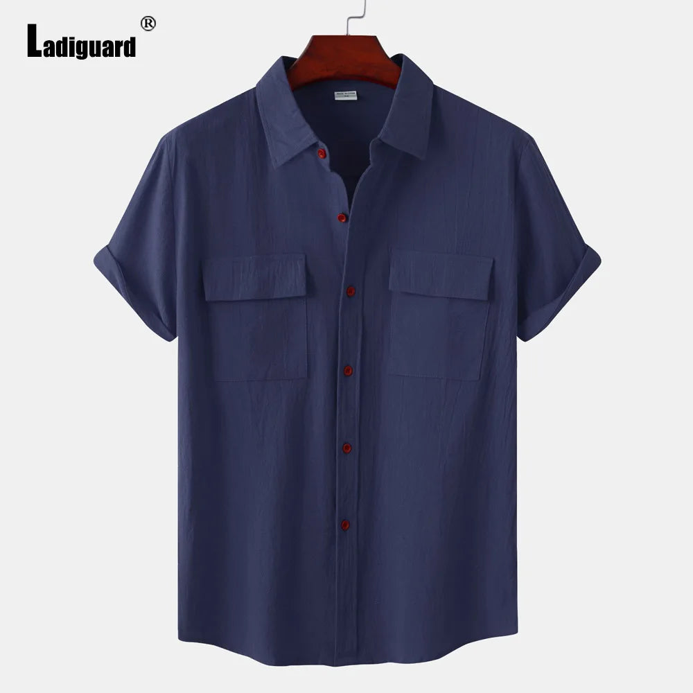 Men Short Sleeve Linen Shirts ,Black Soft Blouse Vintage Casual Stand Pocket Tops mon