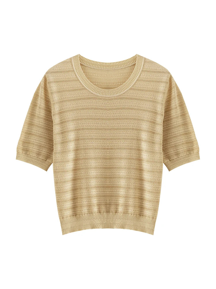 ZIQIAO Petite Hollow Out Round Neck Pink Knit Top For Women's 2024 Summer New Loose Short Sleeved Loose T-shirt 24ZQ92213