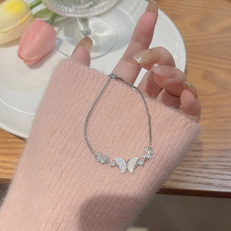Colorful Zircon Butterfly Drawstring Bracelets For Women Lovely Bowknot Silver Color Adjustable Bracelets Jewelry Birthday Gifts
