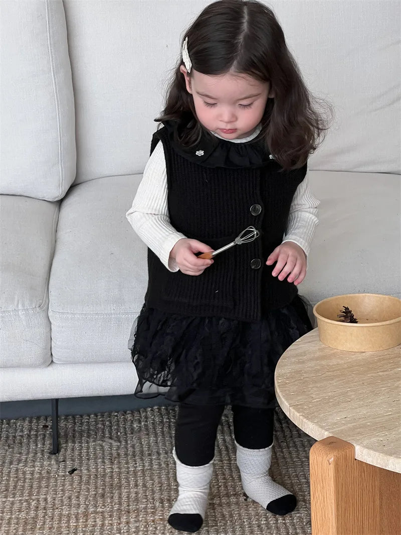 2024 herbst Neue Baby Mädchen Ärmellose Strickweste Infant Mädchen Stricken Strickjacke Kleinkind Pullover Weste Baby Spitze Leggings Kinder Kleidung