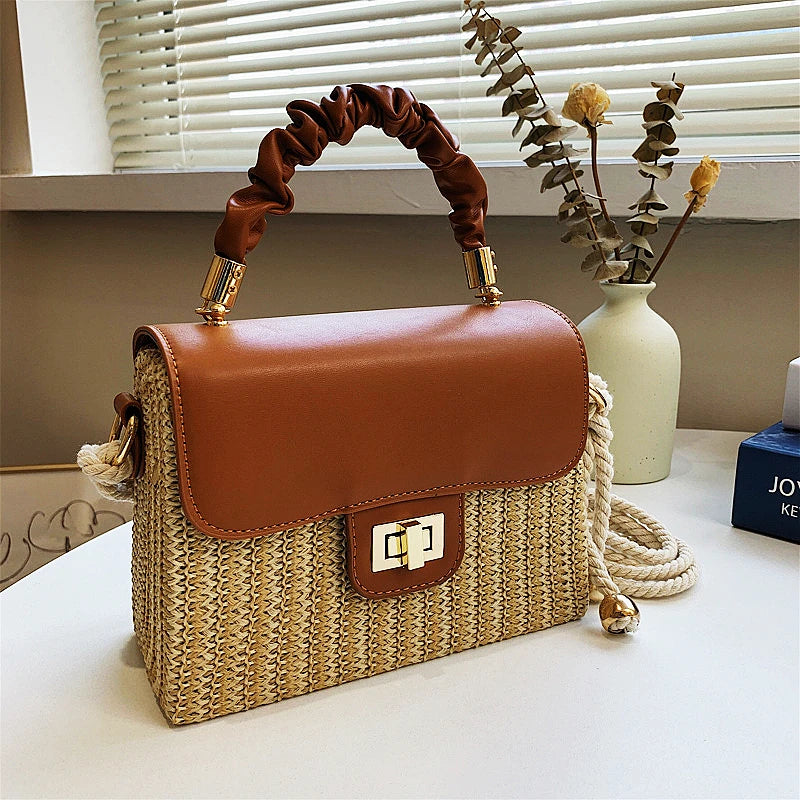 Straw Beach Bag for Women Summer Pleated Handle Luxury Designer Bag Contrast Color Crossbody Purse and Handbag Lady Bolsos
