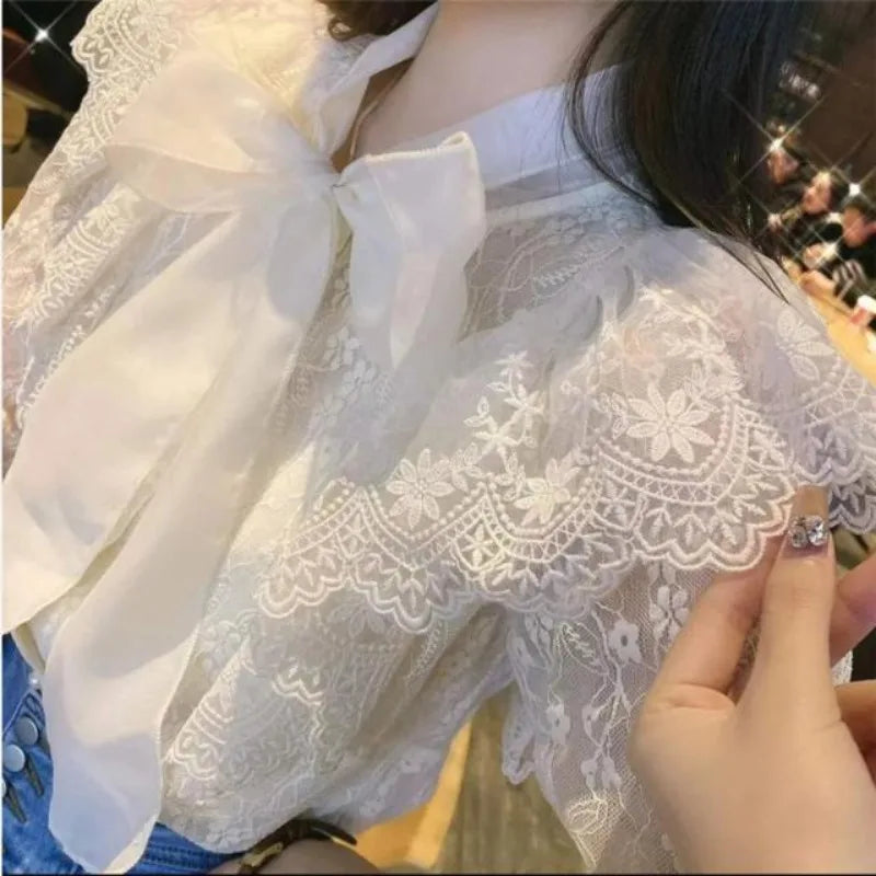 Blouses Women Scarf Collar Long Sleeve Elegant Chiffon Tops Bow Lace Fairy